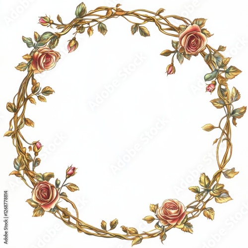 Elegant circular floral frame with roses and greenery designed for decorative purposes or invitations