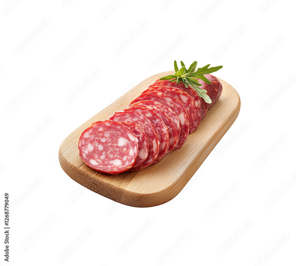 Hard Salami on a wooden board Isolated White Background
Hard Salami on a wooden board Isolated White Background