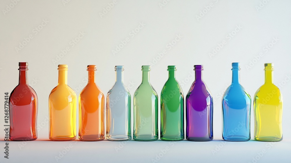 Rainbow Spectrum: Collection of Colorful Glass Bottles in a Row on White Background