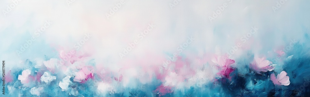 Naklejka premium Pastel pink and blue mist envelops a serene landscape at dawn