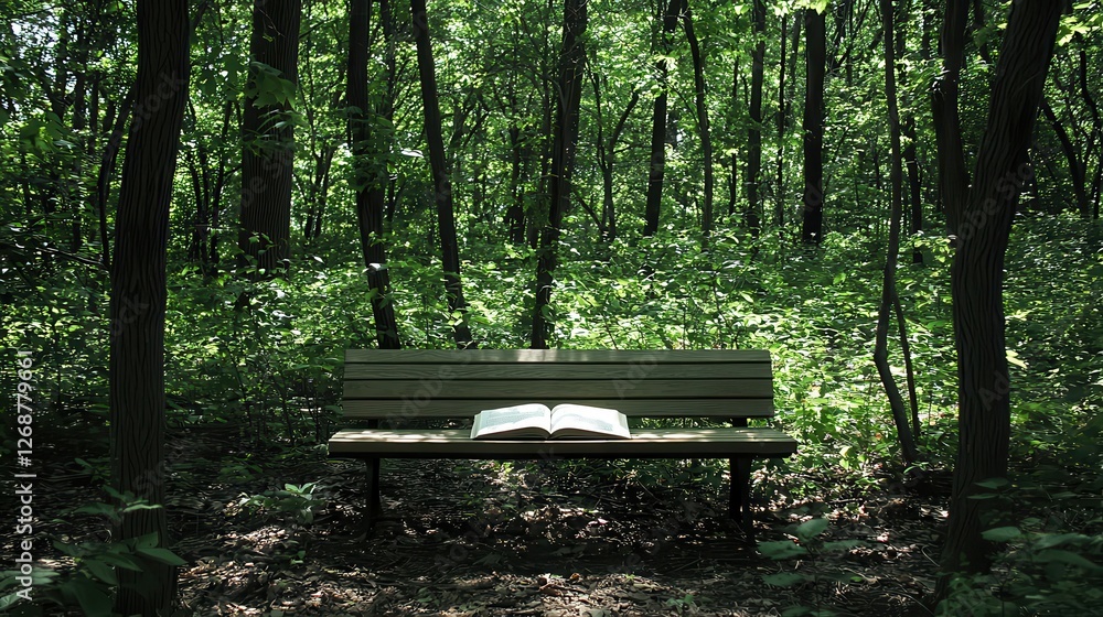 Open Book on a Bench in a SunDappled Forest Open Book on a Bench in a SunDappled Forest