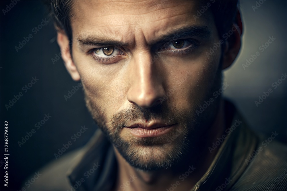 Fototapeta premium Serious and mysterious man with intense gaze dramatic close-up