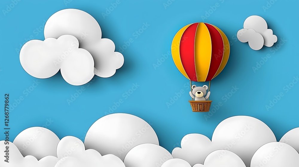 Obraz premium Colorful Hot Air Balloon with Bear Flying in a Blue Sky Background