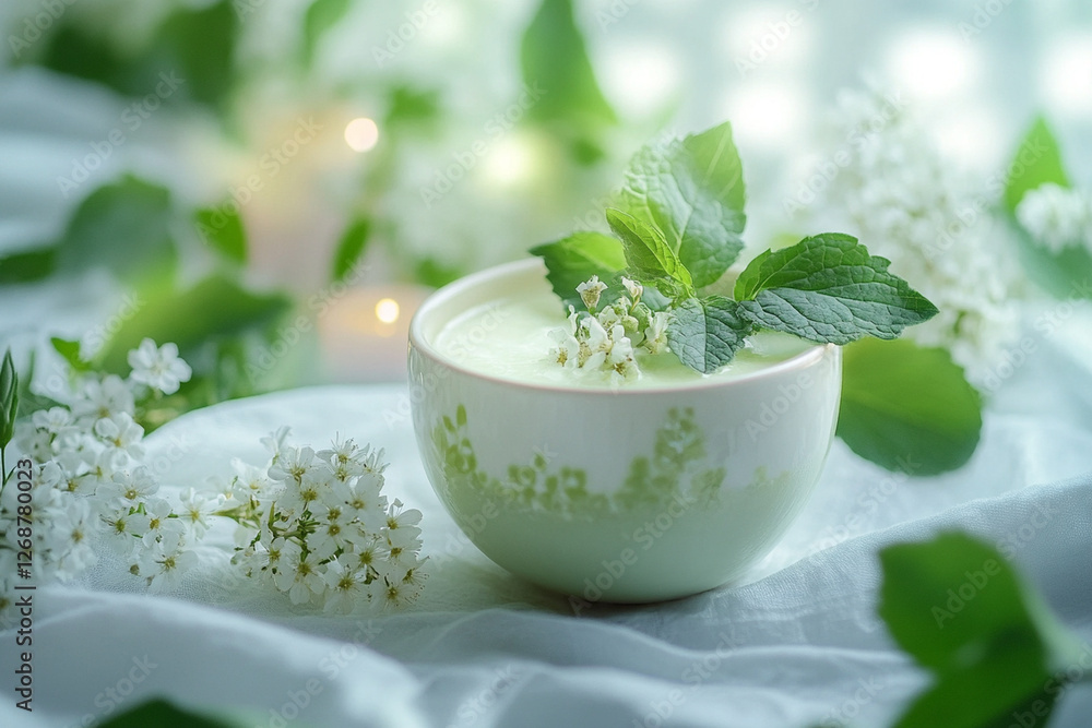 A bowl of creamy dessert is adorned with fresh mint leaves, placed among soft white flowers and gentle green foliage, creating a serene ambiance A bowl of creamy dessert is adorned with fresh mint leaves, placed among soft white flowers and gentle green foliage, creating a serene ambiance