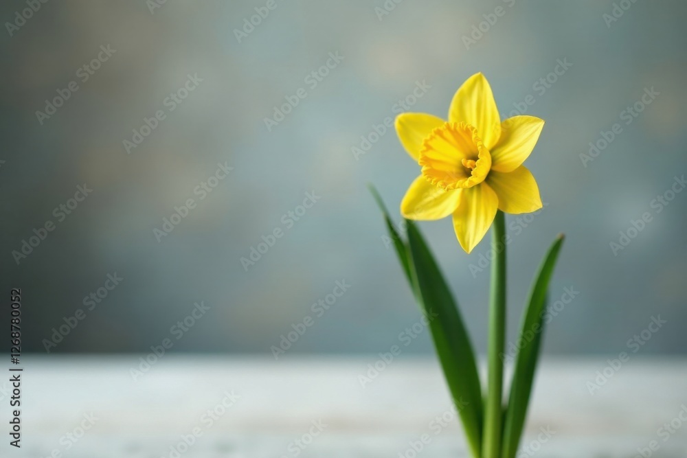 Fototapeta premium A single yellow daffodil blossom, elegantly presented against a soft, muted background, symbolizes the arrival of spring and the promise of renewal