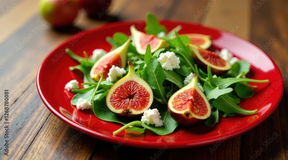 Aromatic Fig and Arugula Salad with Creamy Cheese on a Red Plate Aromatic Fig and Arugula Salad with Creamy Cheese on a Red Plate
