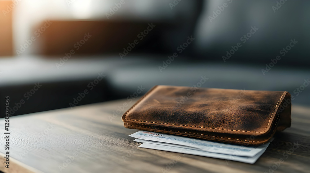 A stylish brown leather wallet placed on a wooden table, showcasing modern living aesthetics. A stylish brown leather wallet placed on a wooden table, showcasing modern living aesthetics.