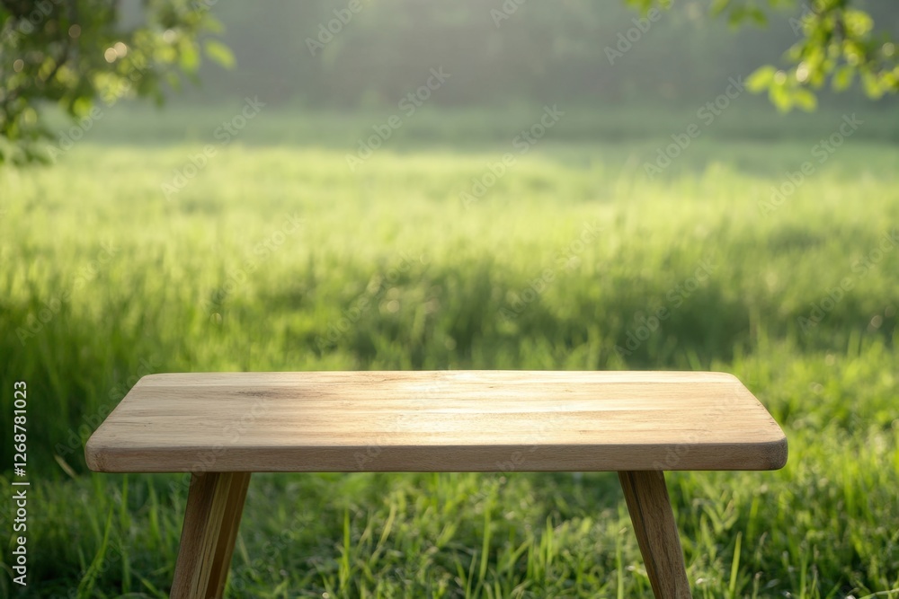 Wooden table in a green meadow bathed in sunlight, perfect for showcasing products or food. Wooden table in a green meadow bathed in sunlight, perfect for showcasing products or food.