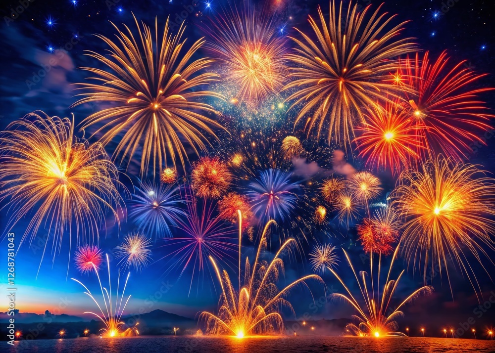 Aerial Fireworks Display: Vibrant Golden & Red Explosions at Night Aerial Fireworks Display: Vibrant Golden & Red Explosions at Night
