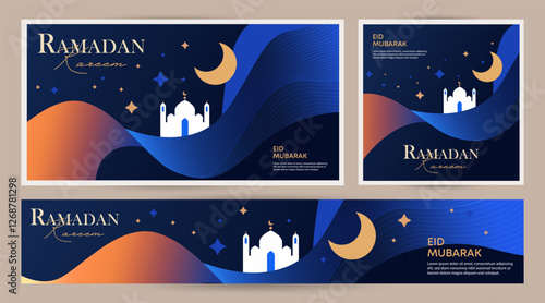 Ramadan Kareem web banner, poster, card or holiday cover set. Modern beautiful gradient design with mosque, moon crescent and stars in the night sky. Eid Mubarak luxury minimalist template