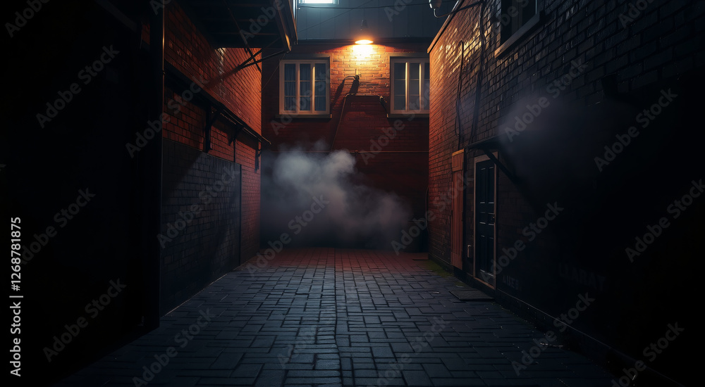 Fototapeta premium Gloomy Night Alleyway with Brick Walls and Dim Lighting in a Dense Urban Area
