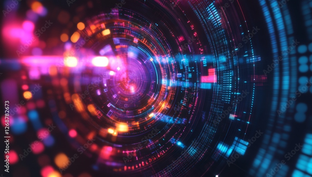 Futuristic digital tunnel, data stream, vibrant lights, abstract background, tech concept