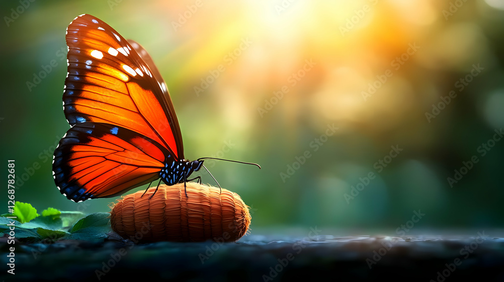 Obraz premium A vibrant butterfly rests on a leaf, basking in warm sunlight, showcasing nature's beauty.