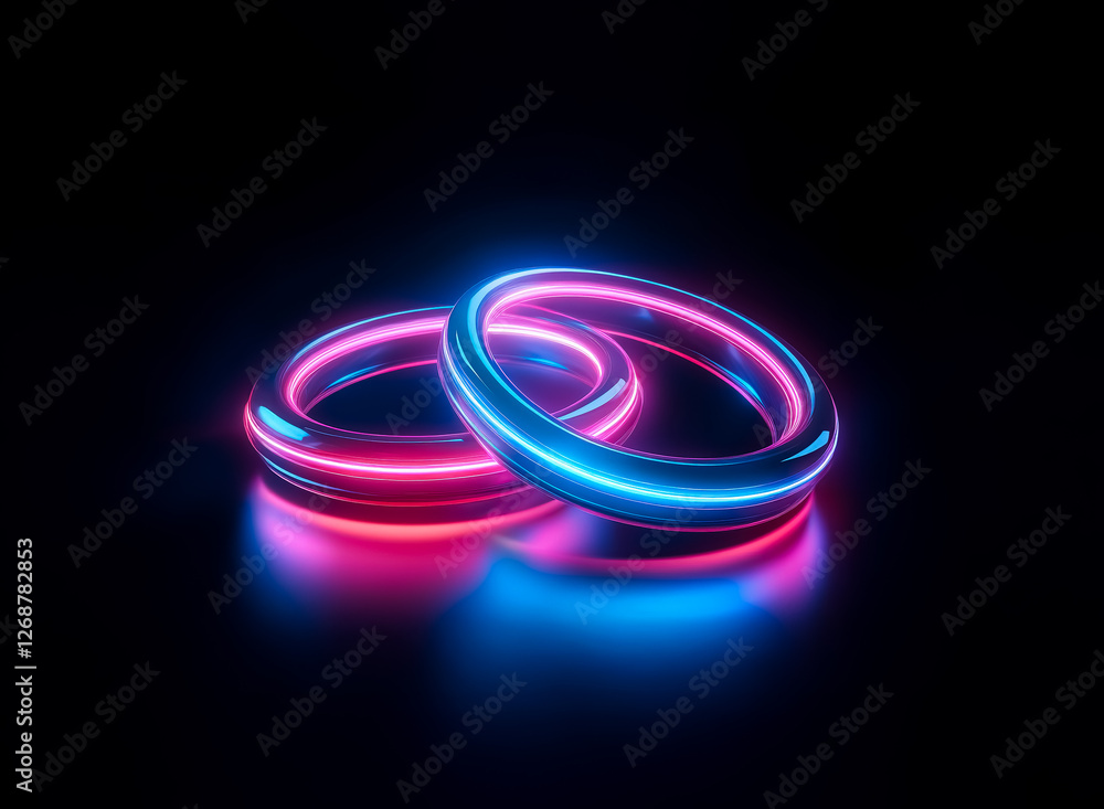 Two luminous rings, one with pink and the other with blue neon light, are intertwined and glowing against a dark background. Two luminous rings, one with pink and the other with blue neon light, are intertwined and glowing against a dark background.