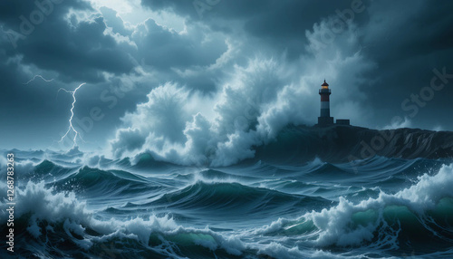 Dramatic Stormy Sea with a Guiding Lighthouse