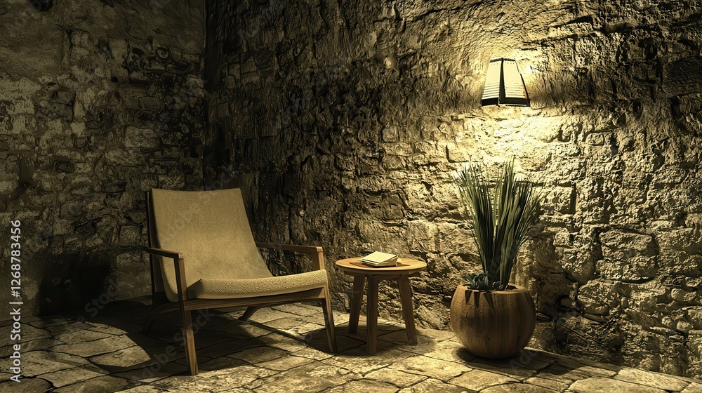 Obraz premium Serene Stone Room Chair Plant and Warm Light