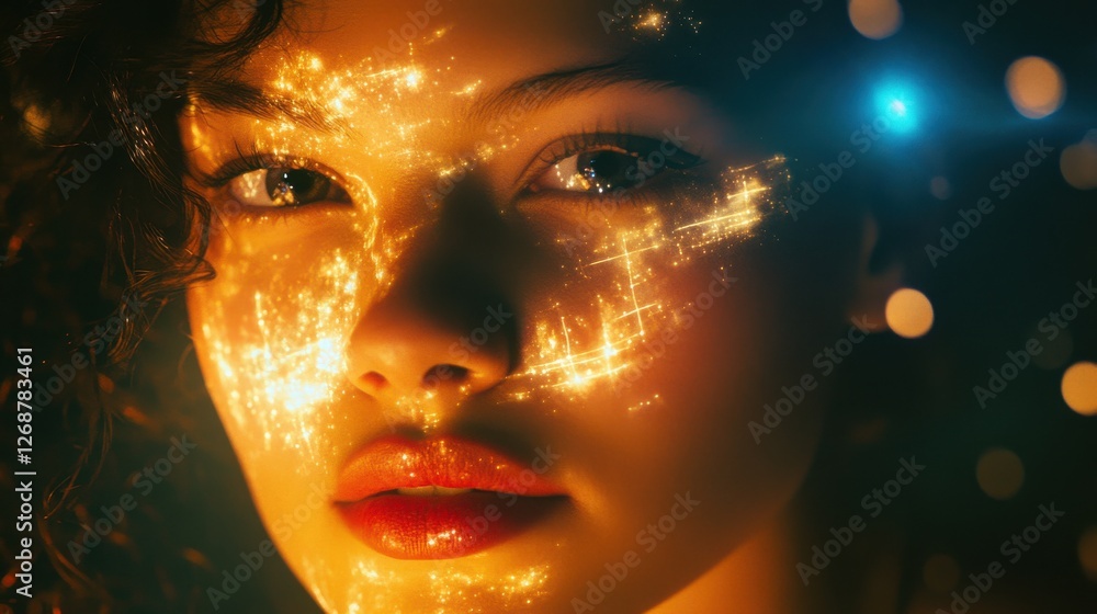 Surreal portrait of a woman's glowing face surrounded by ethereal lights at night Surreal portrait of a woman's glowing face surrounded by ethereal lights at night