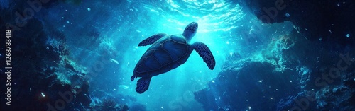 Surreal visualization of glowing turtles underwater creating an enchanting ocean atmosphere photo