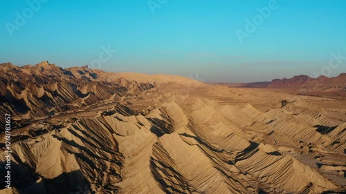 Aerial view of rugged desert terrain with unique rock formations in Hingol Balochistan National Park