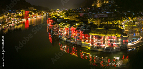 The Beautiful Ancient City of Zhenyuan, Guizhou, China at Night photo