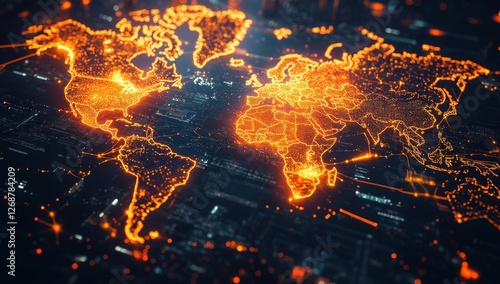 Global network map glowing, digital city background, connection
