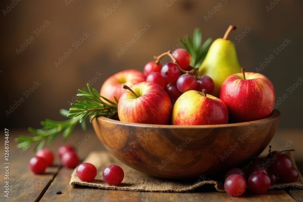 A rustic wooden bowl overflowing with a vibrant autumn harvest of ripe red apples, sweet green pears, and juicy red grapes, adorned with fragrant rosemary sprigs. A rustic wooden bowl overflowing with a vibrant autumn harvest of ripe red apples, sweet green pears, and juicy red grapes, adorned with fragrant rosemary sprigs.
