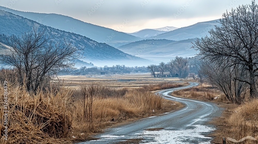 Misty Mountain Road Through Winter Valley