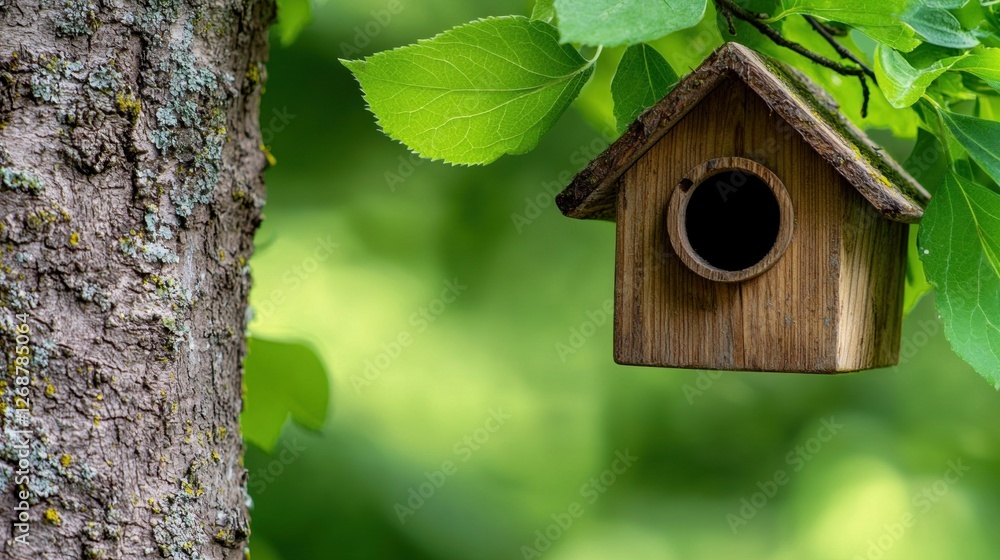 A wooden birdhouse hangs from a tree branch.