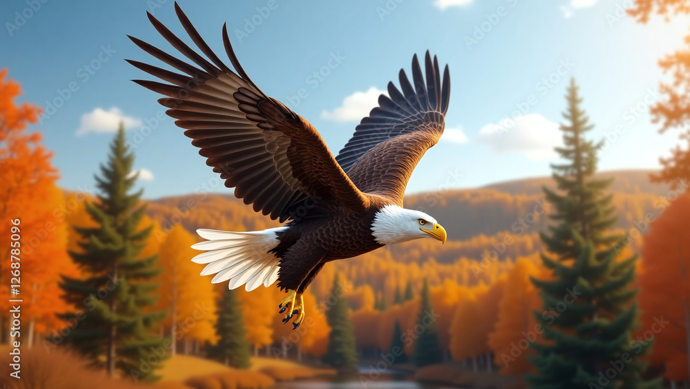 An eagle with a white head and brown wings hovers in the air with its wings spread. In the background, trees with bright orange and yellow foliage are visible, which creates an autumnal atmosphere. An eagle with a white head and brown wings hovers in the air with its wings spread. In the background, trees with bright orange and yellow foliage are visible, which creates an autumnal atmosphere.