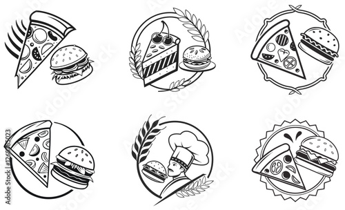 Vintage Food Icons Pizza, Burger, and Culinary Cutlery Logo Set