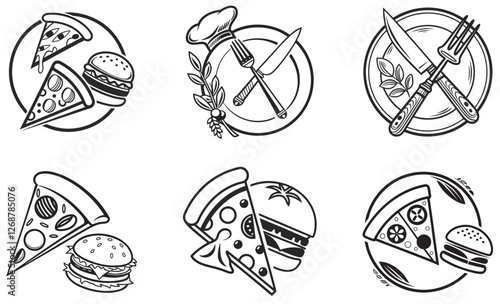 Vintage Food Icons Pizza, Burger, and Culinary Cutlery Logo Set