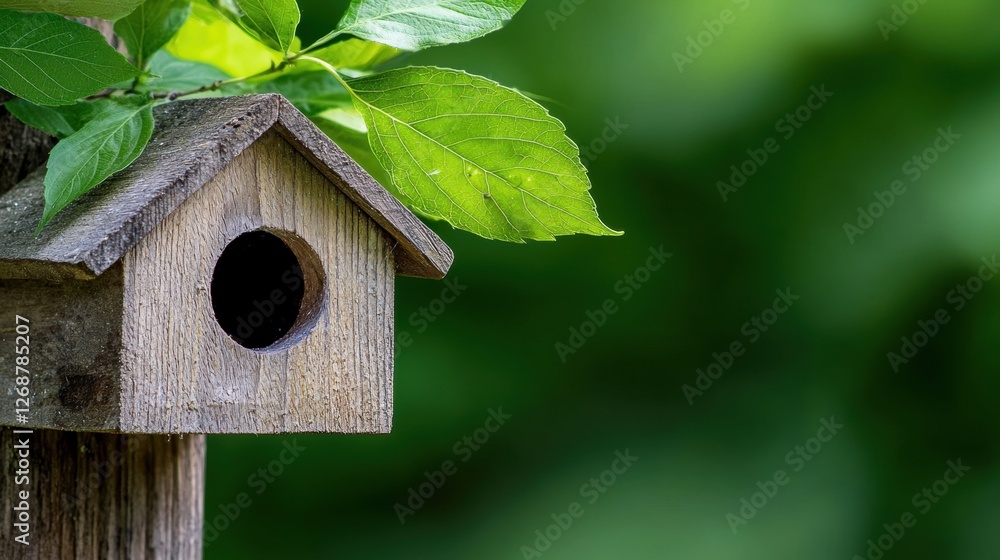A wooden birdhouse with a hole in the front, nestled among green leaves. A wooden birdhouse with a hole in the front, nestled among green leaves.