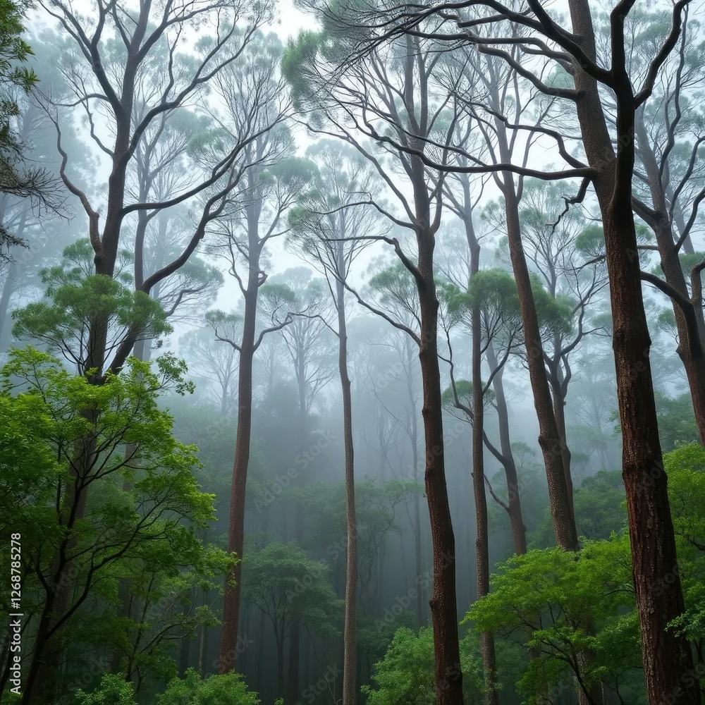 Naklejka premium Dense eucalyptus trees tower above misty forest floor, trees, trees, greenery