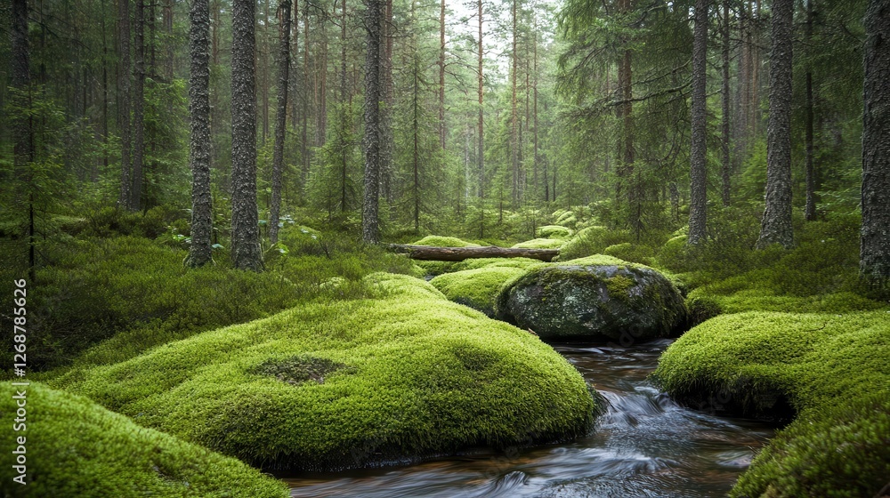 Fototapeta premium A forest background-themed image showcasing Moss-covered ground in the forest, surrounded by tall trees with green foliage