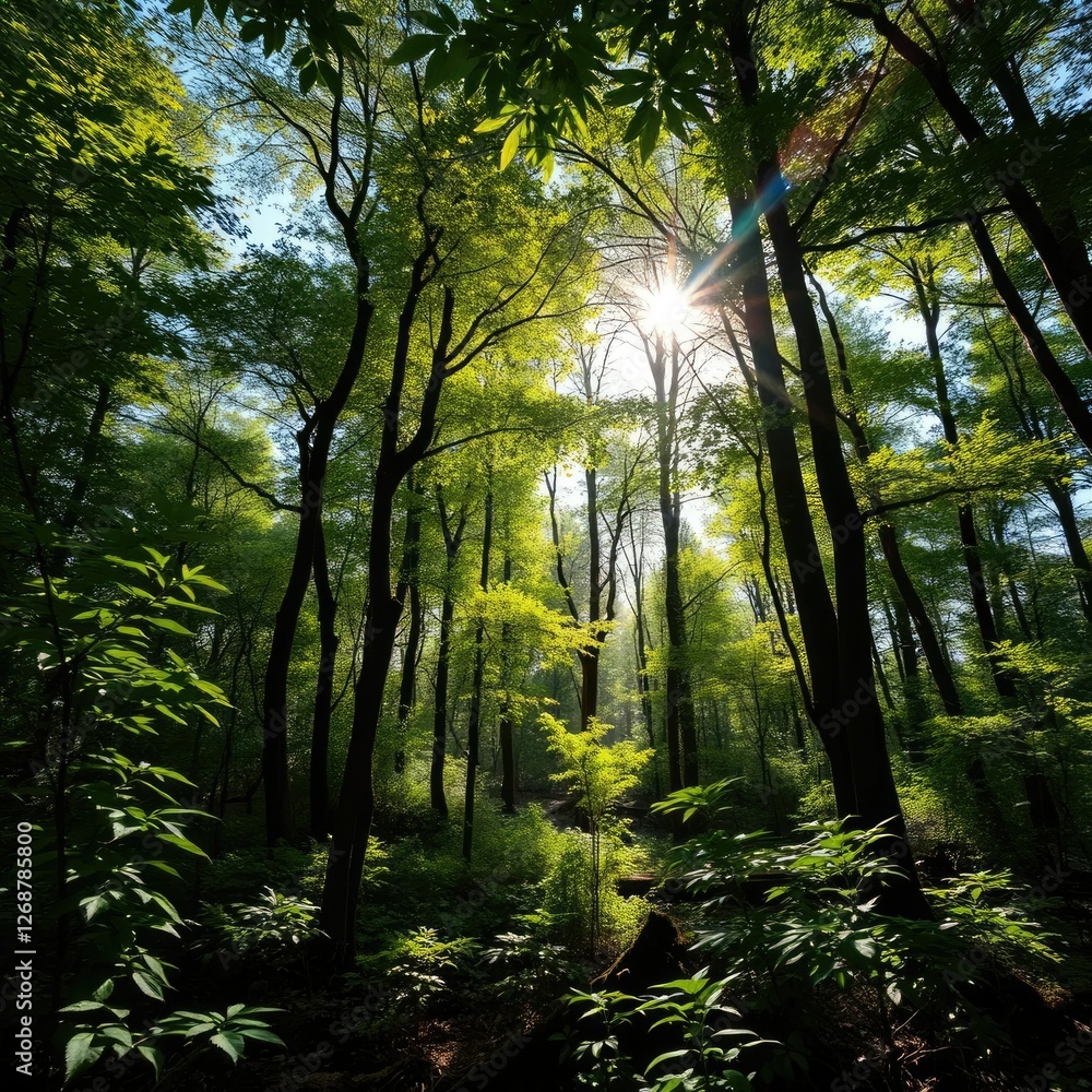 Obraz premium Dense foliage with sunlight filtering through, sunlight, forest floor