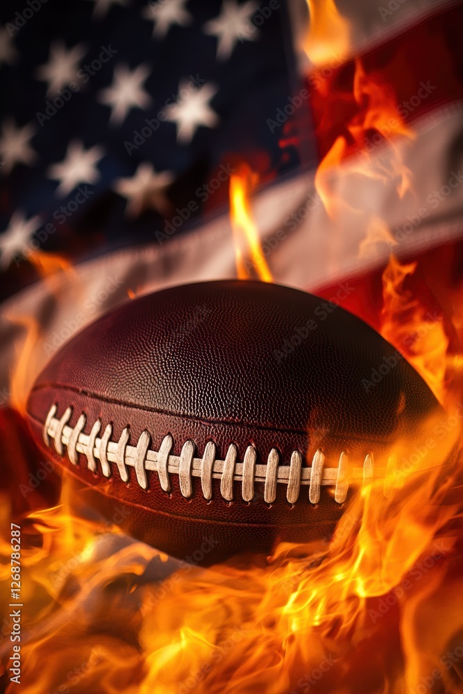 American football on fire with US flag background, sports photography capturing passion for football, celebrating America’s favorite game. American football on fire with US flag background, sports photography capturing passion for football, celebrating America’s favorite game.