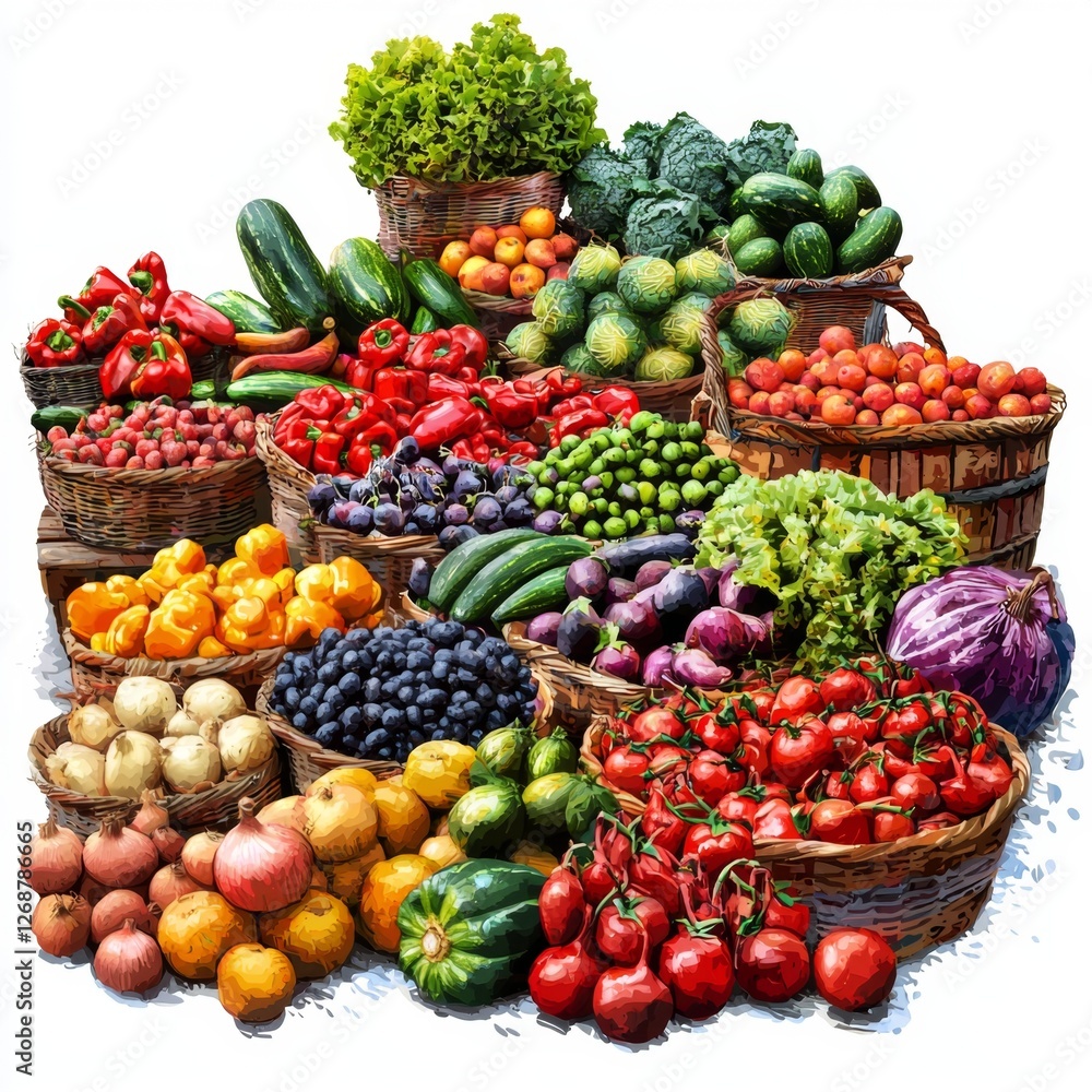 Vibrant Display of Fresh Fruits and Vegetables in Baskets on a White Background for Healthy Living and Culinary Inspiration Vibrant Display of Fresh Fruits and Vegetables in Baskets on a White Background for Healthy Living and Culinary Inspiration