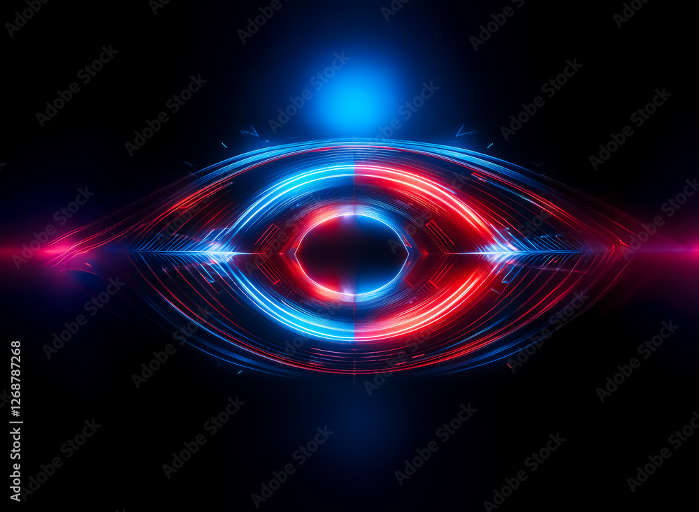 Abstract glowing eye-like design with vibrant red and blue neon lights on a dark background.  Illuminating symmetrical and futuristic digital art.