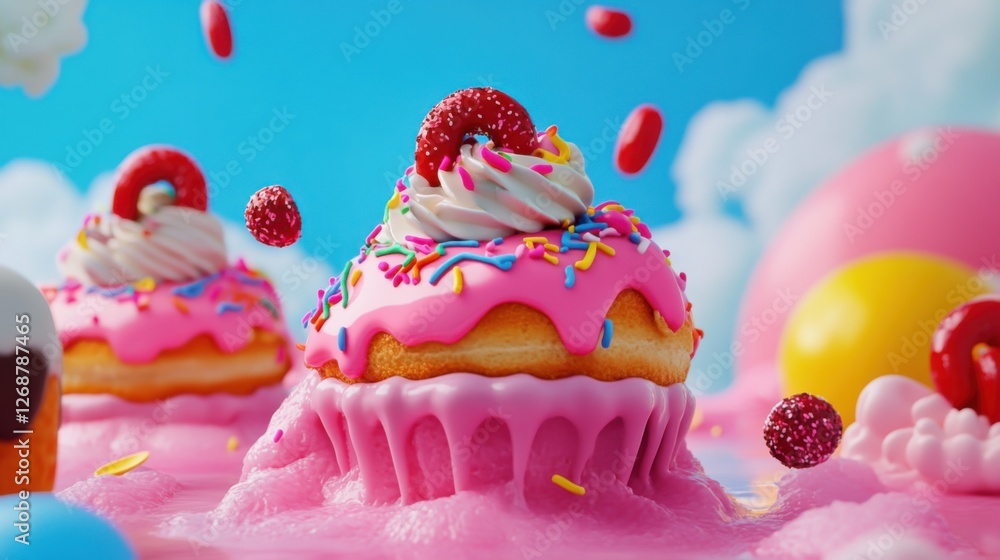 Mini floating islands made of ice cream where kids laugh and play, surrounded by a fluffy pastel sky Mini floating islands made of ice cream where kids laugh and play, surrounded by a fluffy pastel sky
