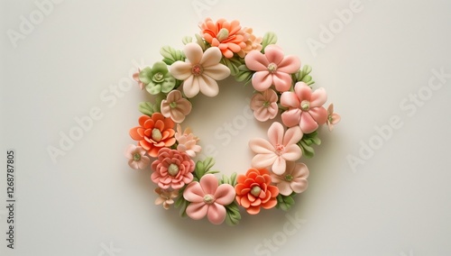 A wreath made of peach and green flowers on a white background, created using plasticine and pastel colors.