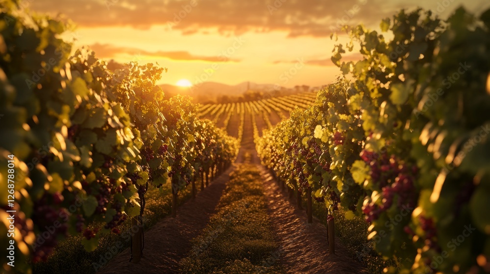 Fototapeta premium Lush Vineyard Rows at Sunset with Grapevines Stretched Across Field
