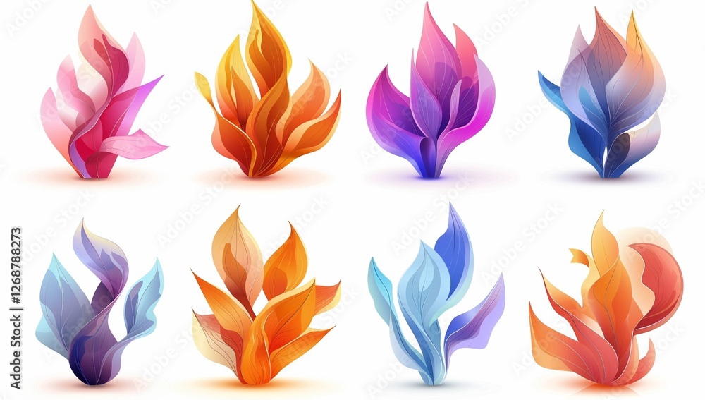 Colorful set of abstract flame shapes and elements isolated on a white background, in a modern style. Colorful set of abstract flame shapes and elements isolated on a white background, in a modern style.