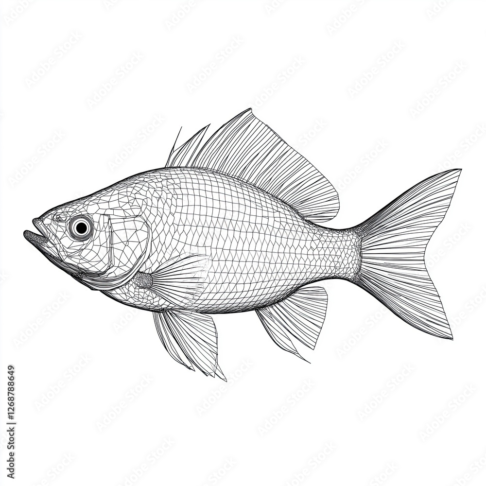 Obraz premium black and white line drawing of a fish. The fish is shown in a side view, with its body facing towards the left side of the image.