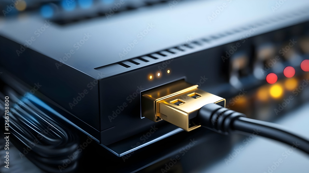 Close-up of a modem connection with a golden Ethernet cable plugged in. Close-up of a modem connection with a golden Ethernet cable plugged in.