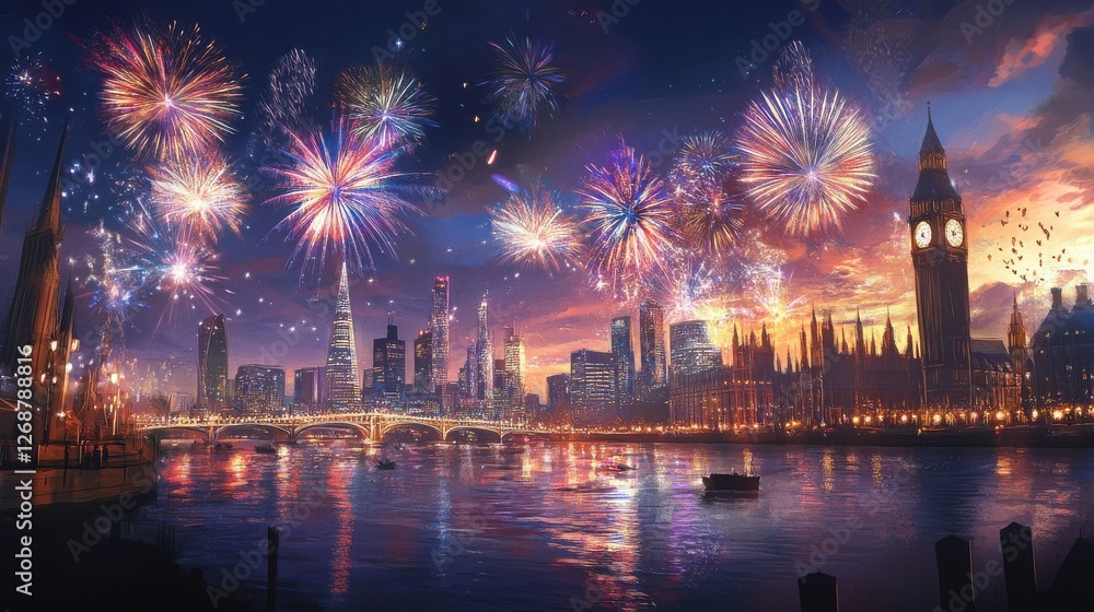 Naklejka premium Fireworks illuminate the skyline over the river during a vibrant evening in London