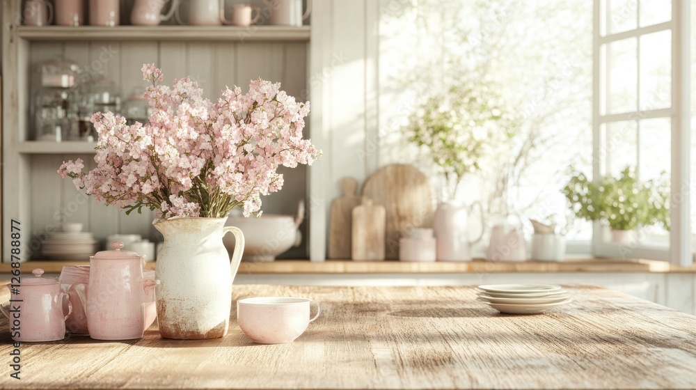 Fototapeta premium Cozy space with reclaimed wood and soft pastel decor featuring a vase of flowers and a warm, inviting atmosphere