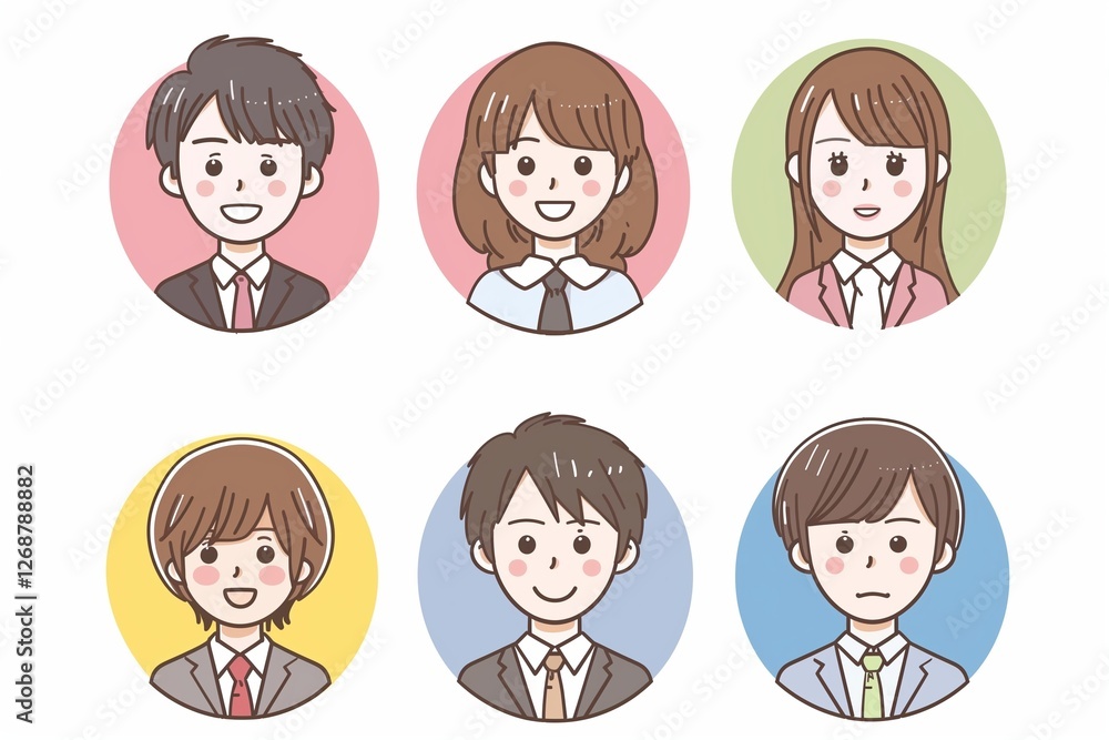 A set of simple and cute illustrations with rounded edges in pastel colors, representing young office workers wearing suits and smiling at the camera.