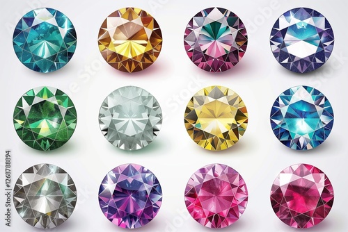 A collection of round gemstones in different colors and shapes, isolated on a white background.