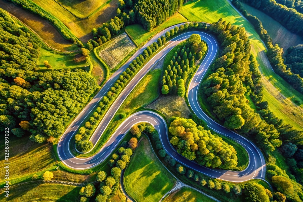 Obraz premium Aerial View of a Winding Road Shaped Like a Windup Key