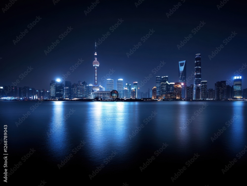 Naklejka premium Night skyline illuminated with reflections on the water, showcasing urban architecture and serenity